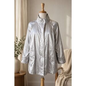 Metallic Silver Shimmer Jacket Women's 2X Lightweight Zip Front Plus Size Coat